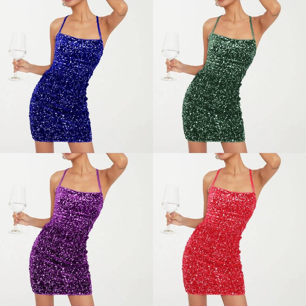 Spring Fashion Womens Sequin Halter Dress With Slim Fit And Backless Style For Elegant Parties