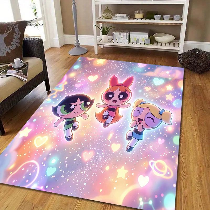 The Powerpuff Girls Flannel Pattern Square Carpet,Area Rug,Carpet Rug for Living Room Bedroom Sofa Playroom Decor,Non-slip Floor Mat