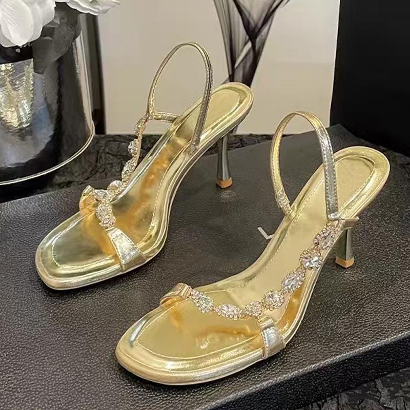 Liyke High Quality Crystal Diamond Square Toe Gladiator Sandals Women Elegant Party Wedding Shoes Rhinestone Heels Gold Sandal
