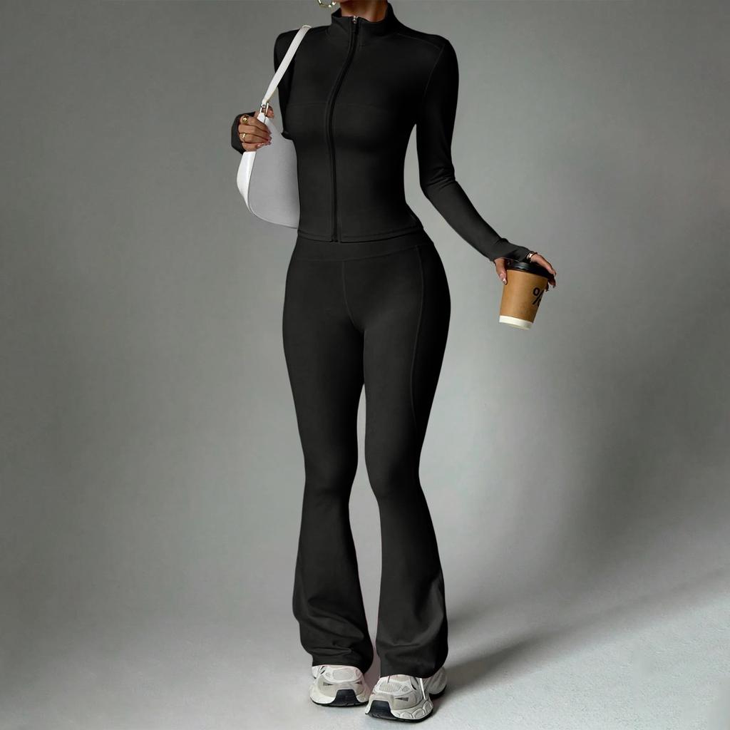 Women's 2 Piece Yoga Set with Zip-Up Long Sleeve Jacket and Flared Pants for Fitness and Training