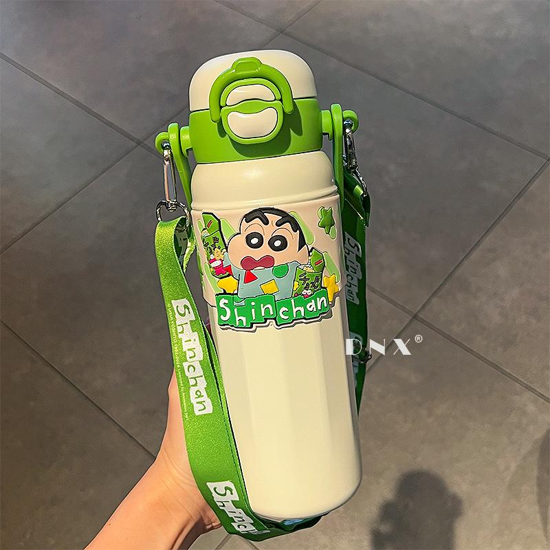 Bullet Cover Thermos Cup Stainless Steel Cute Water Cup Boys And Girls Straw Cup Children S Strap Double Drinking Cup 580ml