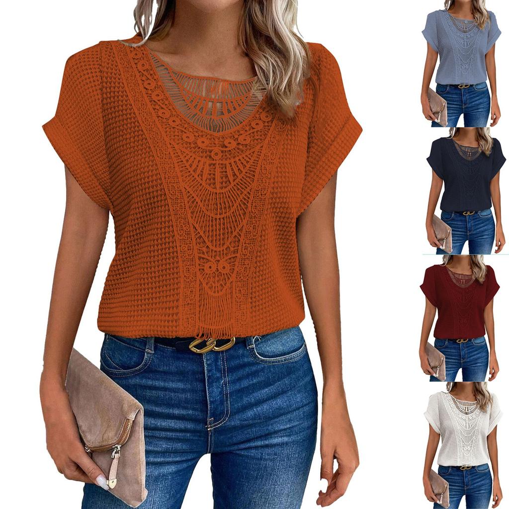 Women's Spring And Summer Lace Spliced Short Sleeve T-Shirt Tops