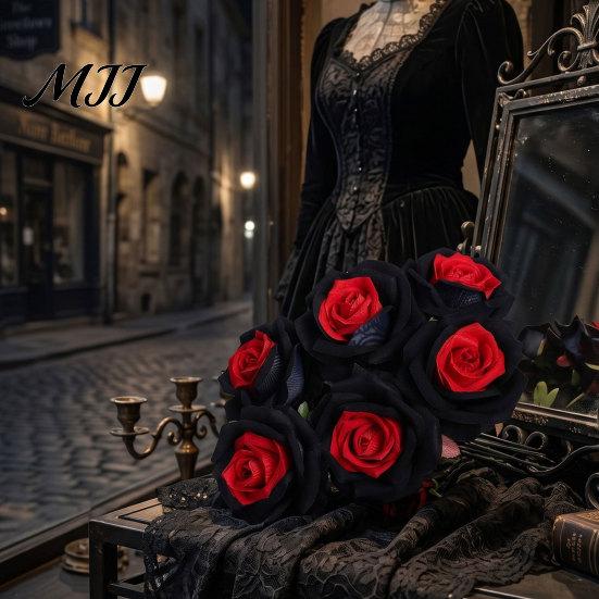 Faux Flower Arrangement Artificial Rose Flower, Gothic Black Red Silk with Suede Petal Long Stem for Halloween Arrangement, Home Wedding Centerpiece