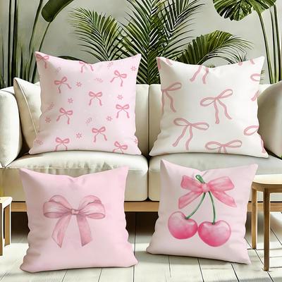 Pink Bow Cherry Cushion Cover Reversible Plush Pillow Cover Soft Fluffy Home Decor for Sofa Bedroom