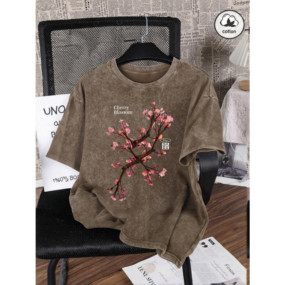 Tokyo Harajuku Cherry Blossom Print Washed T-Shirts Women Cotton Casual T Shirt Y2K Summer Short Sleeves Oversize Tops