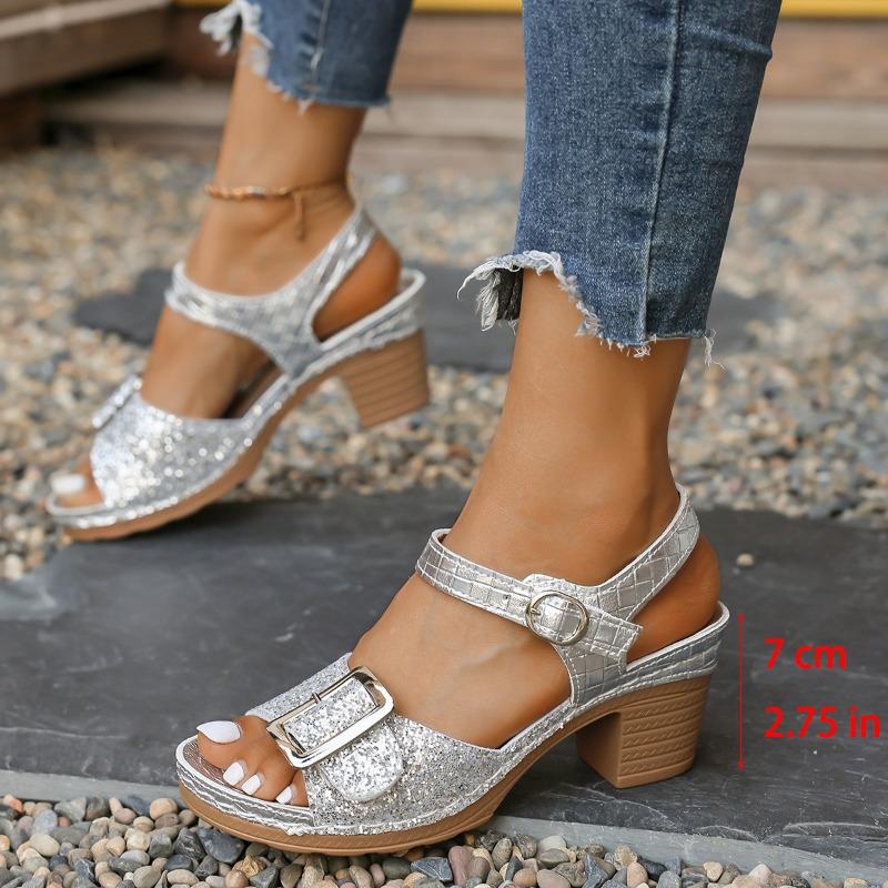 Large Size Sequined Velcro High Heel Sandals Women's New Buckle Thick Heel Fish Mouth Sandals Ebay