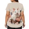 Blusa de Trabajo Elegante para Mujer con Cuello en V, Manga Corta, Aberturas Laterales Dobles y Bolsillos, con Estampados de Conejo y Huevo de Pascua.