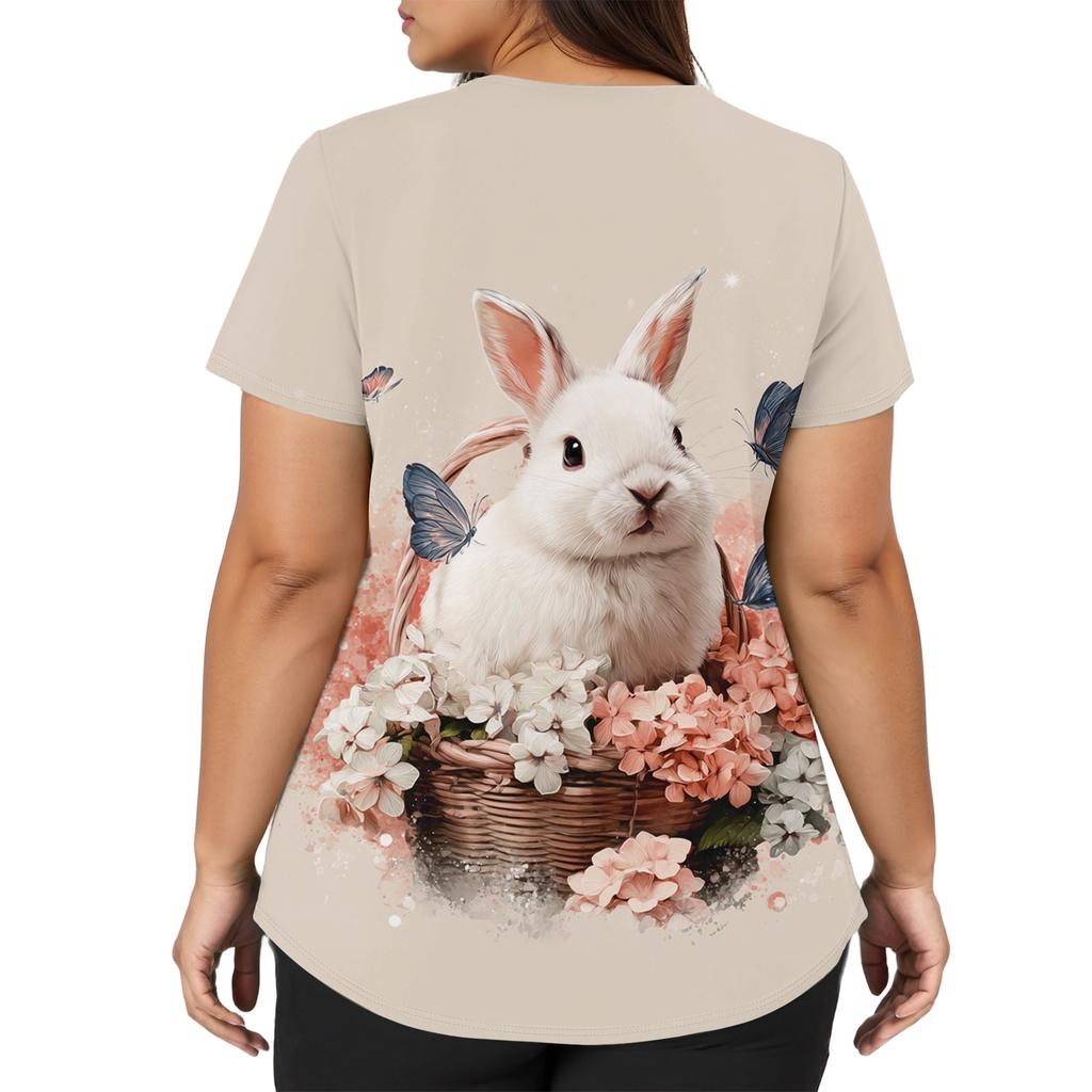 Blusa de Trabajo Elegante para Mujer con Cuello en V, Manga Corta, Aberturas Laterales Dobles y Bolsillos, con Estampados de Conejo y Huevo de Pascua.