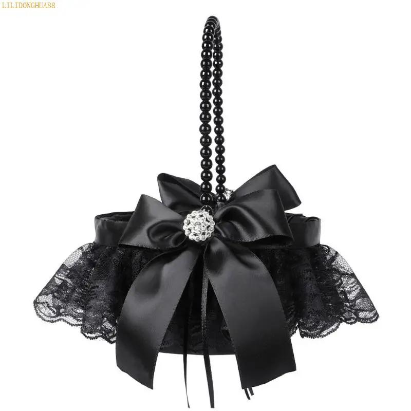 K1AE Elegant Black Wedding Flower Basket With Intricate Laces Design Party Decors