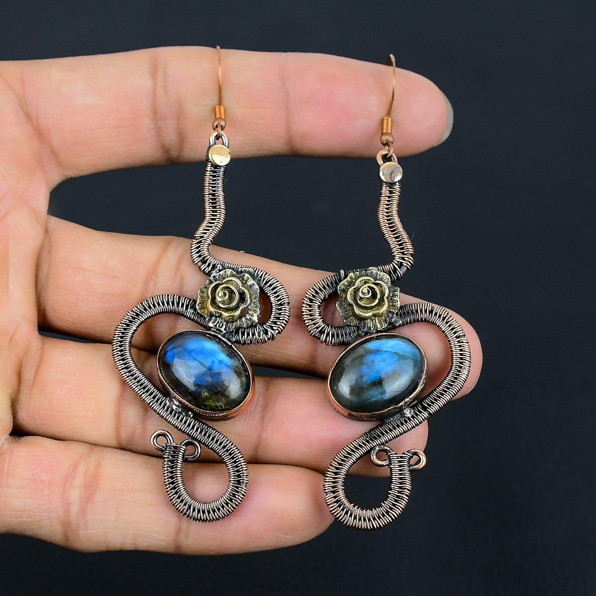 

Серьги из лабрадорита, обернутые медной проволокой 999 пробы, Ювелирные изделия с драгоценными камнями ручной работы, Подарки для жены, Совершенно новые серьги 2.55 Inches