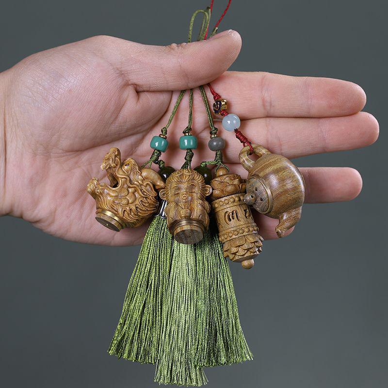 Pear Blossom Carved Gourd Pendant: Wood Ornament & Diffuser Keychain