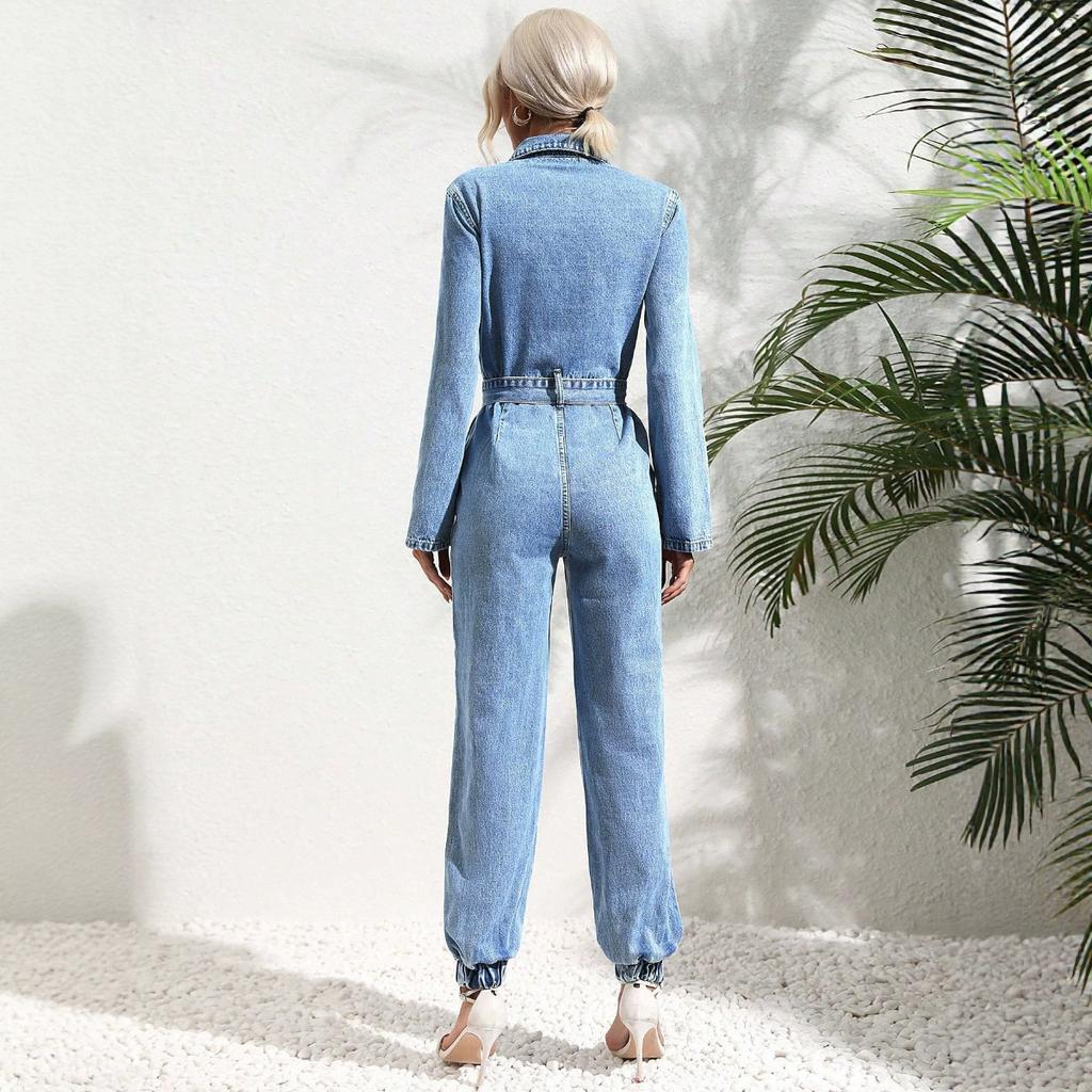 Tuta in Denim da Donna con Collo a Revers e Maniche Lunghe, Vestibilità Aderente, Vita Media, Jogger Casual