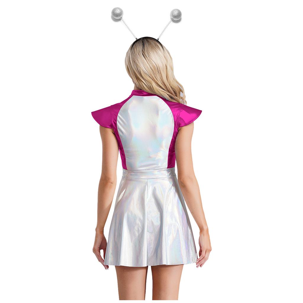 Womens Space Alien Costume Cap Sleeve Cutie Design Outer Space Theme Dress and Hair Hoop