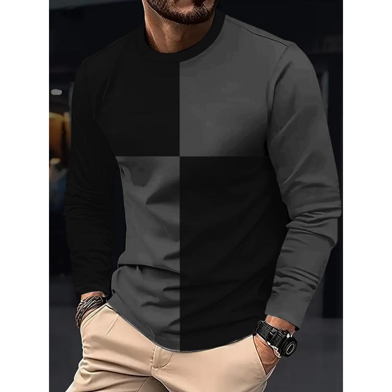 Men's Checkerboard Splicing Long Sleeved Trendy Round Neck T-shirt