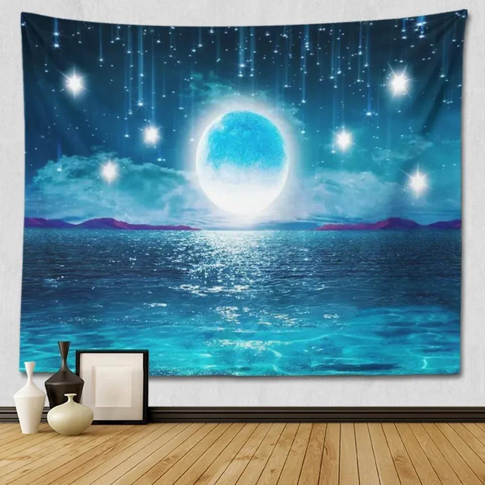 Suitable For Bedroom Wall Decoration Starry Sky Moon Tapestry Blue Starry Night Galaxy Universe Large Fabric Wall Hanging