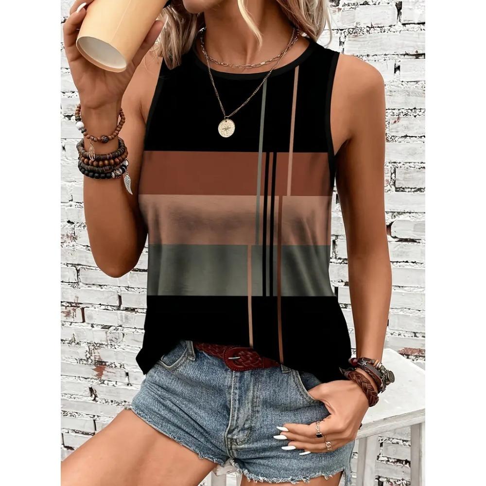 Women's Sleeveless Round Neck Vest with Retro Ethnic Print