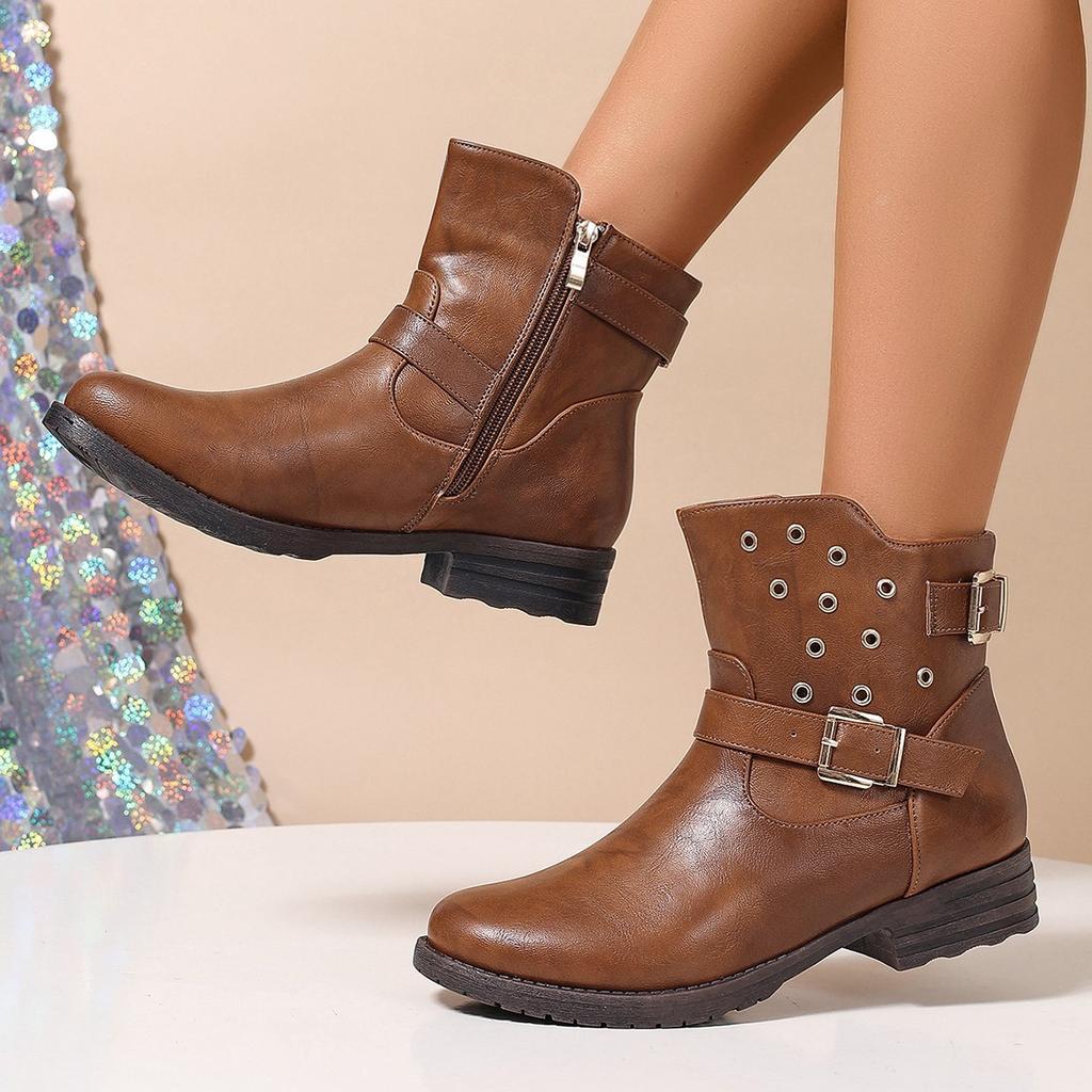 Fashion Women's Boots Fashion Pointe Leather Boots Side Zip Ankle Boot Belt Buckle Design High Heels Boots for Women Retro Western Botas