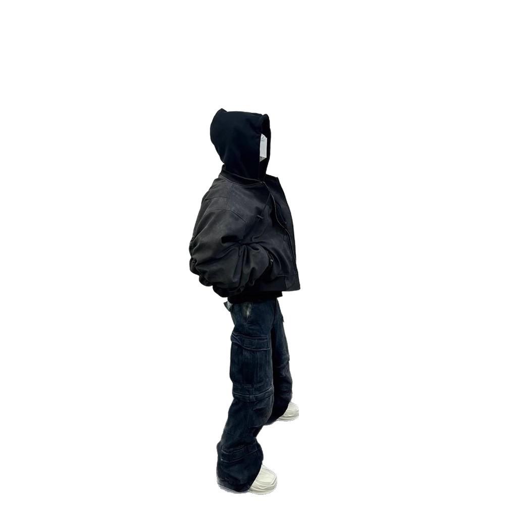 Unisex Jacket Faux Leather Bomber Jacket Layered Hooded Pilot Style Padded Winter Coat