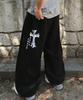 FUZZY SCAN Gothic Line Cross-Curved Balloon Pants Black