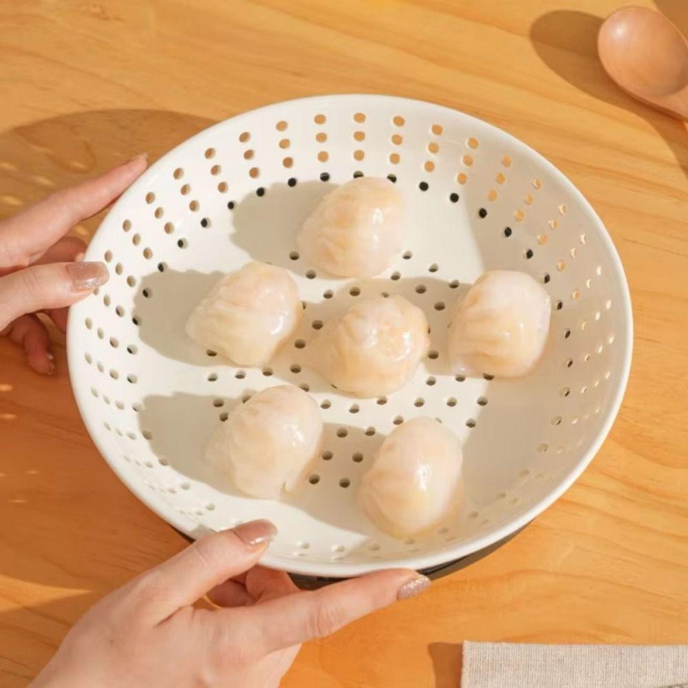 Vassoio in Ceramica Rotondo per Cottura a Vapore Piatto Drenante Creativo Traforato Stoviglie da Cucina