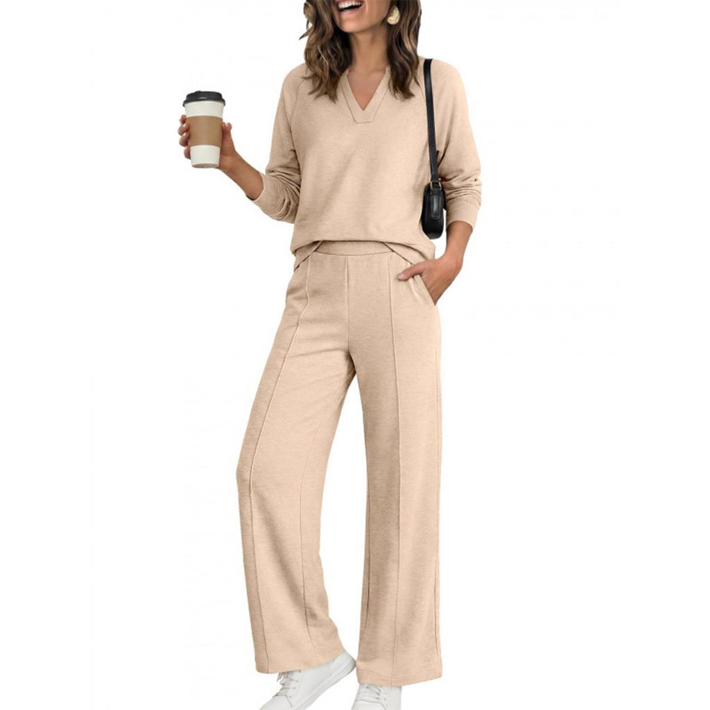 Women's V-Neck Long Sleeve Sweatshirt and Jogger Pants Set Color Activewear for Gym Workouts