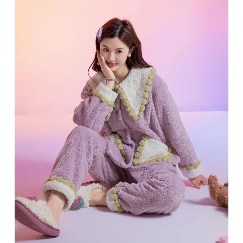 

Мягкая пижама женская осень и зима новый полубоковой бархат милый кукольный воротник кардиган домашняя одежда One Size