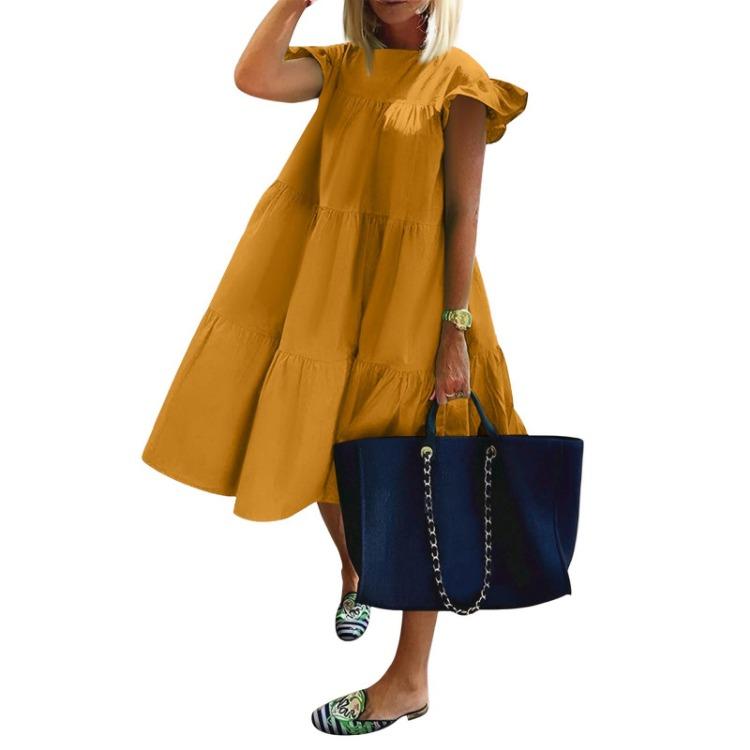 Ležérní volné šaty s volánkovými rukávy, kulatým výstřihem a jednobarevné pro ženy