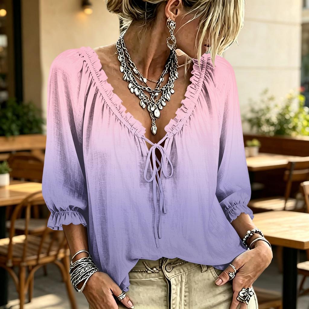 Women's V-Neck Gradient Print Ruffle Blouse with Tie