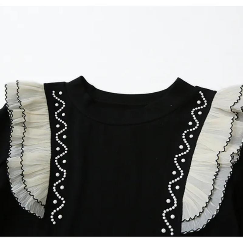Spring Autumn Women's Black Clothes T-Shirt Sexy O-Neck Beading Pearls Tees Elegant Female Ruffles Long Sleeve Brand Tops