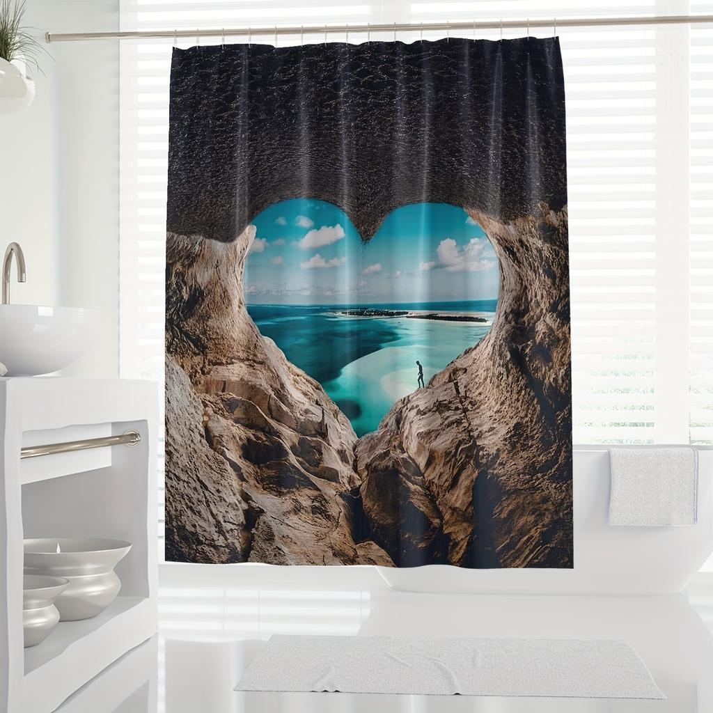 Beach Heart Shower Curtain - Polyester, Machine Washable, Blue & Turquoise, Hooks Included, Ideal for Beach Fans