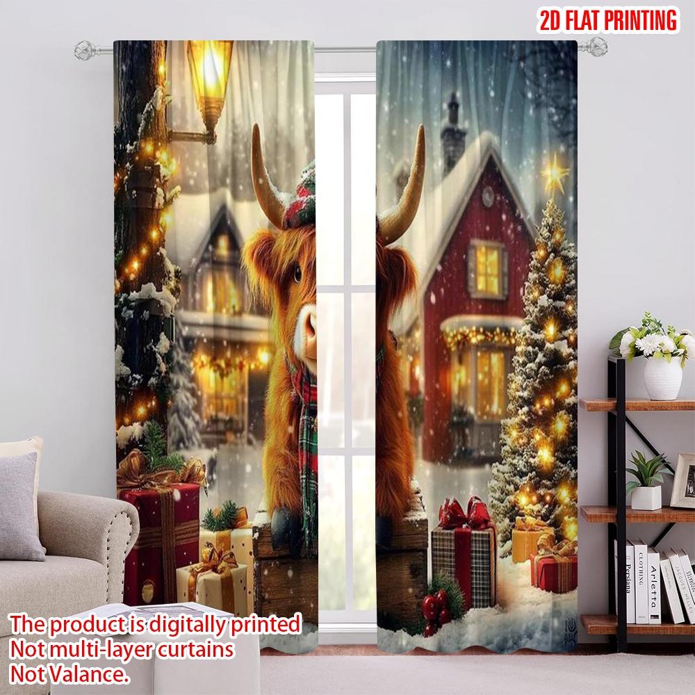 

Set Of 2 Flat Printing Christmas Drapes Highland Cow Polyester Without Electricity Family Party Perfect Aesthetic Curtain Made W100*H70(CM)-Hooks&2PCS