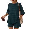 Women Casual Loose Fit Striped Short Sleeve T Shirt with Pocket and Matching Shorts Set Lightweight Comfortable Lounge Wear