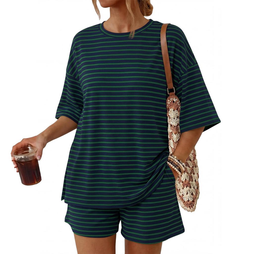 Women Casual Loose Fit Striped Short Sleeve T Shirt with Pocket and Matching Shorts Set Lightweight Comfortable Lounge Wear