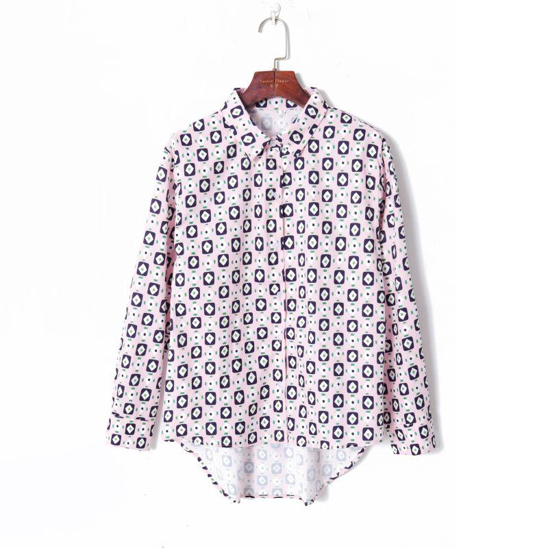 

2023 Women s Spring Clothing K-style Contrast Color Geometric Print Elegant Lapel Single Breasted Loose Long Sleeves Irregular Shirt Pink Print M