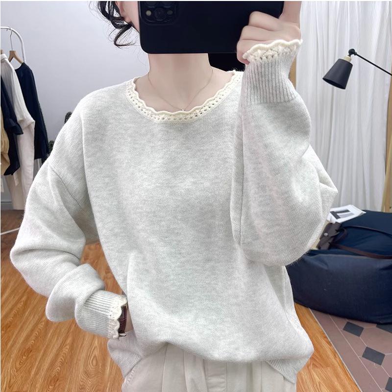 Damski sweter z koronkowym kołnierzykiem i kolorowym blokiem kolorów, odmładzający – jesień i zima, gruby, luźny krój, kolekcja 2025