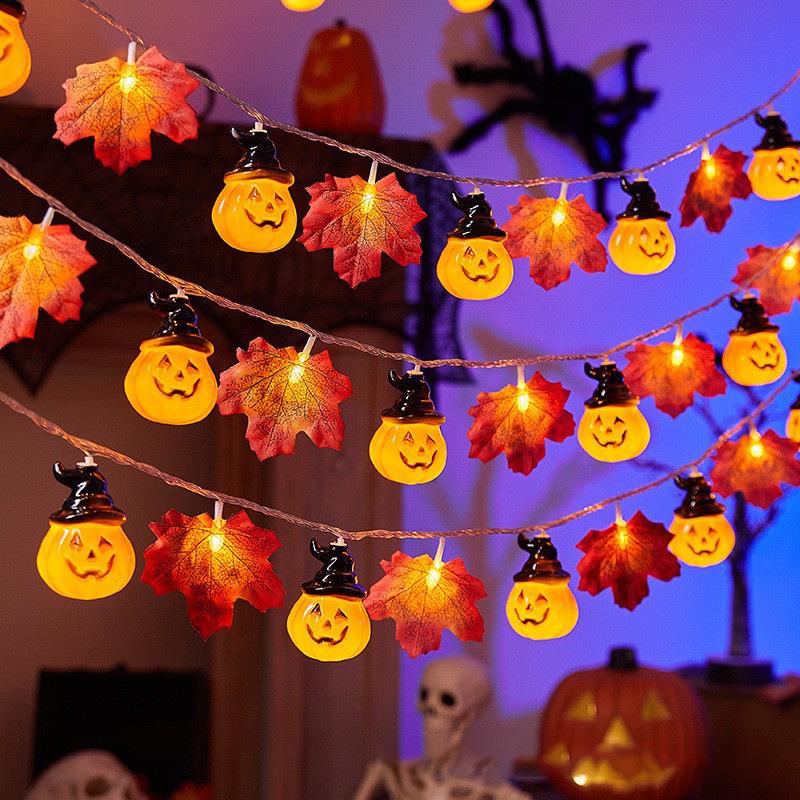 Halloween Pumpkin & Ghost Maple Leaf String Lights - Battery Operated Decoration for Courtyard, Party, or Room