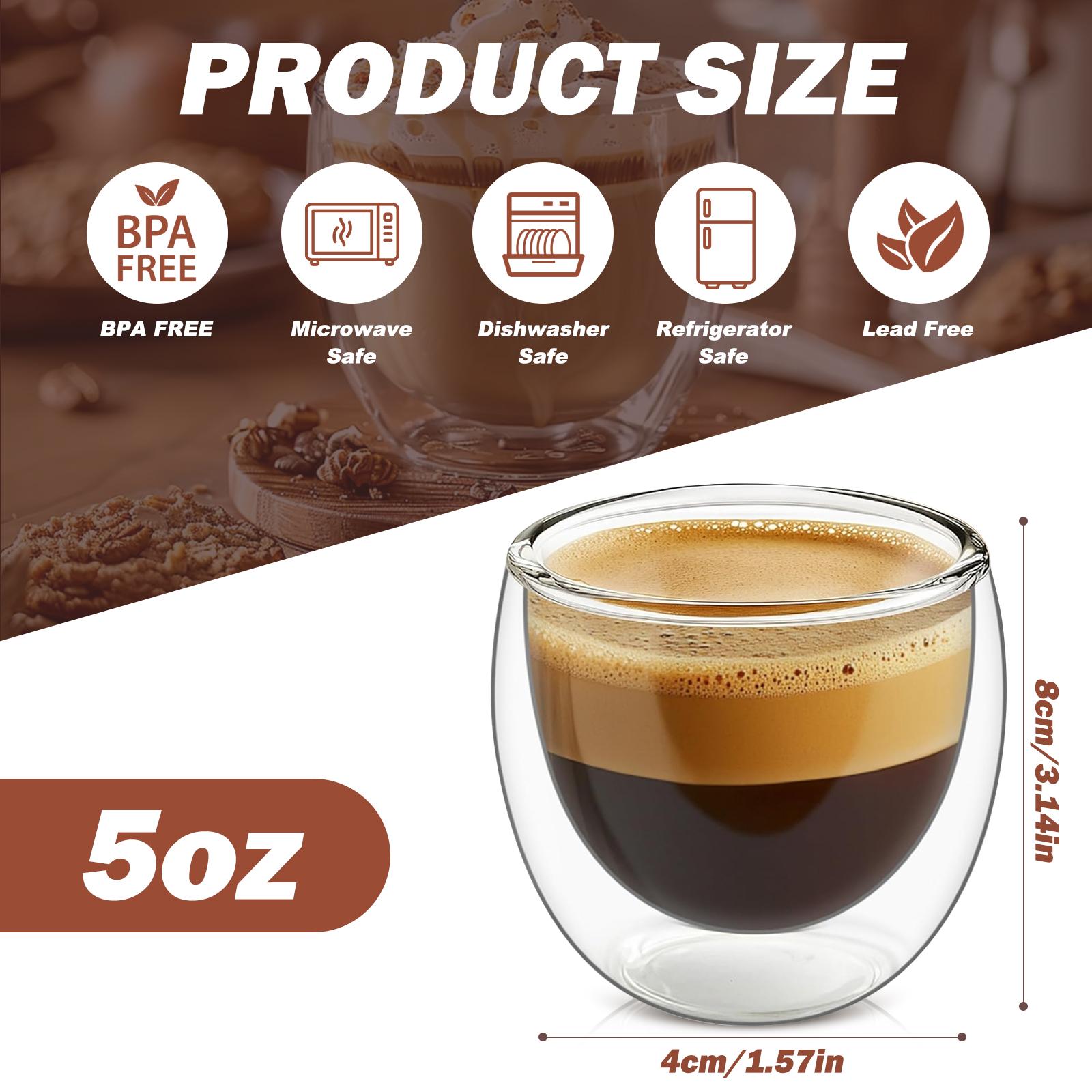 

Набор из 4 стеклянных эспрессо-чашек с двойными стенками, 5 унций, Изолированные прозрачные стаканы, Кофейные кружки, Идеально подходят для капучино, латте, чая чистый