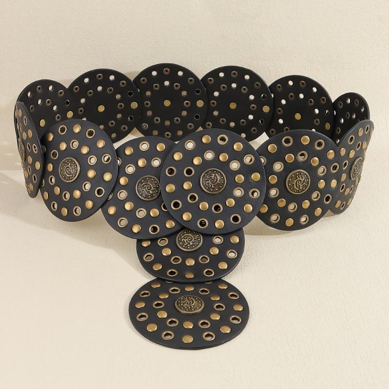 Western Adult Waist Belt with Adjustable Buckle Unique Metal Rivets Waistband PU Waist Belt for Rock Fan Wear Resistant
