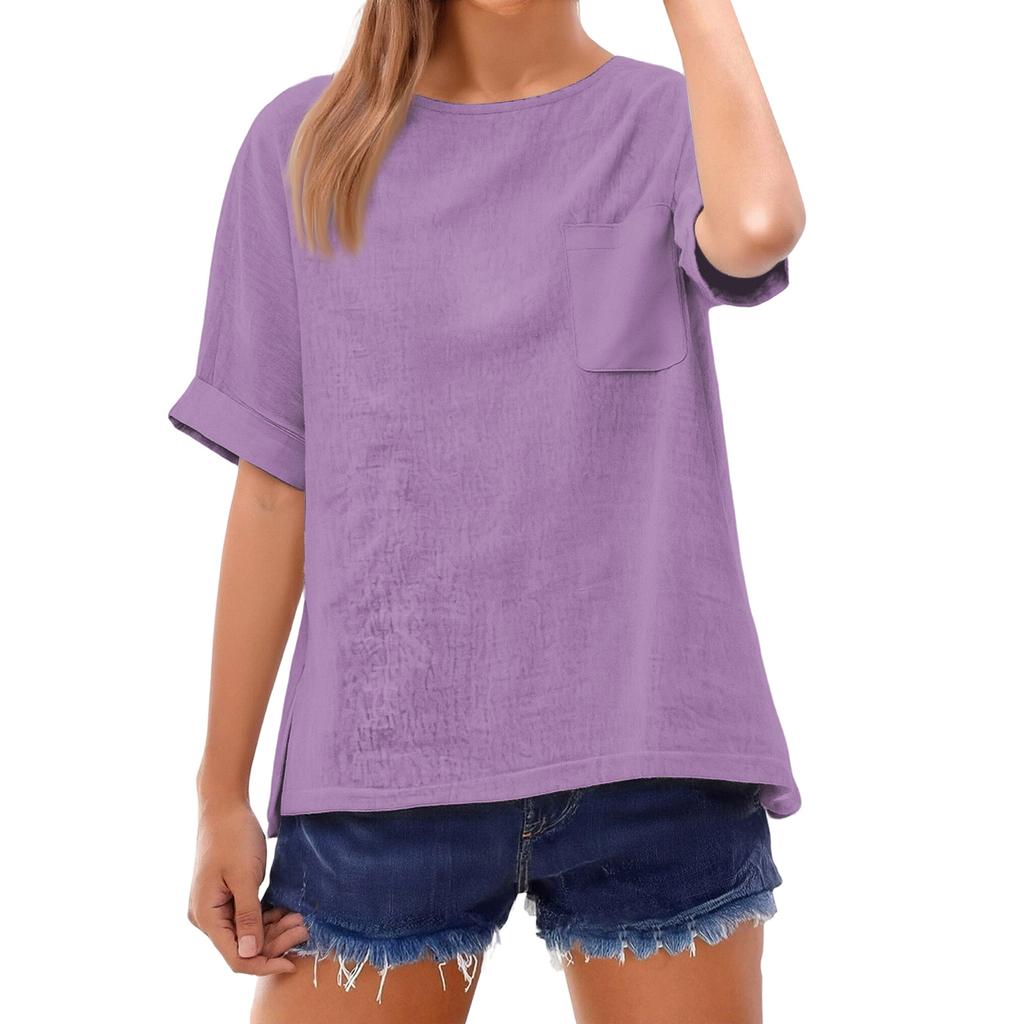 Fashionable Color Short Sleeve T-Shirt With Pocket Design, Fashionable Round Neck Lightweight Top For Women
