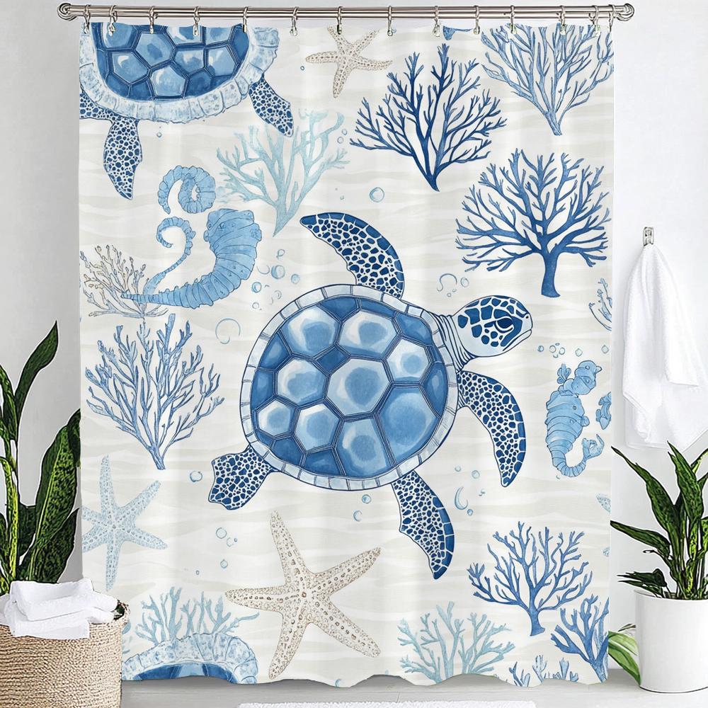 1pc Sea Turtle Print Waterproof Shower Curtain,Beach Coastal Ocean Turtle Starfish Partition Privacy Hanging Curtain with Hooks