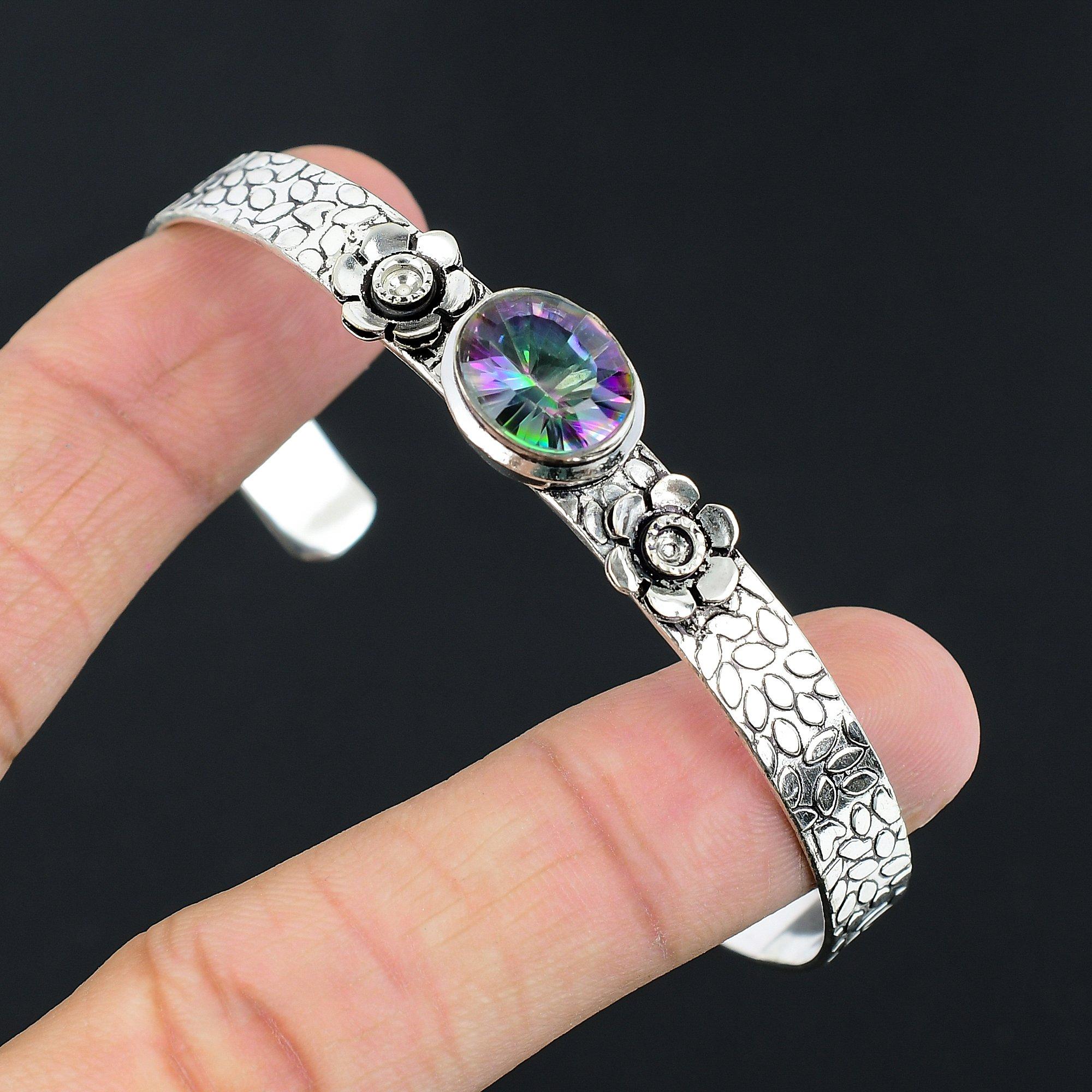 

Sisters Day Deal Sterling Silver Oval Rainbow Mystic Topaz Stone Bangle Jewelry Adjustable