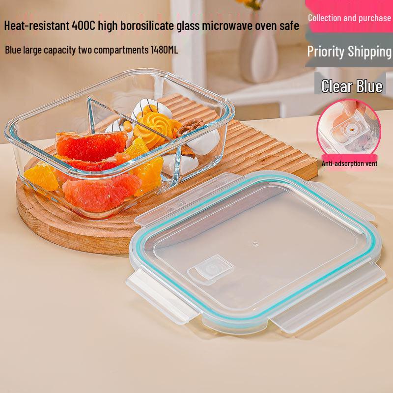 

Transparent Blue Extra Large 2-Compartment Glass Bento Box
