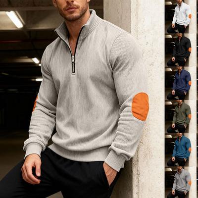 Neues Herren Herbst Casual Corduroy Unifarben Ellbogen-Patch Reißverschluss Kapuzen-Sweatshirt mit Stehkragen