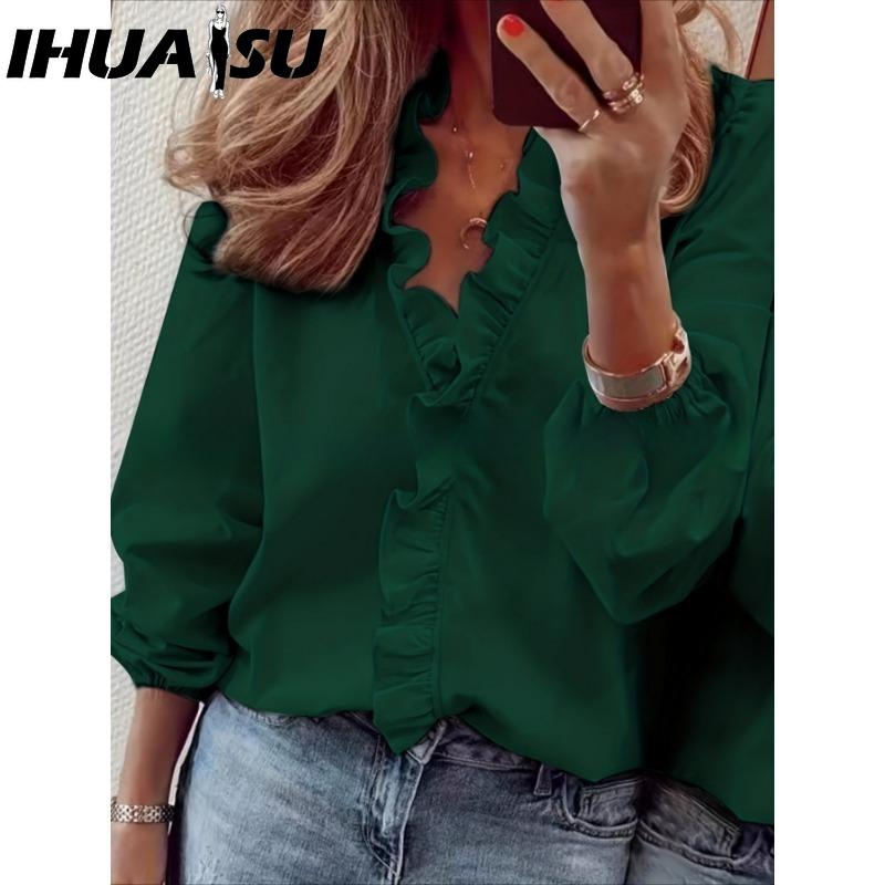IHUASU Women's Fashion Casual Solid Color Print Long Sleeve V Neck Blouses & Shirts