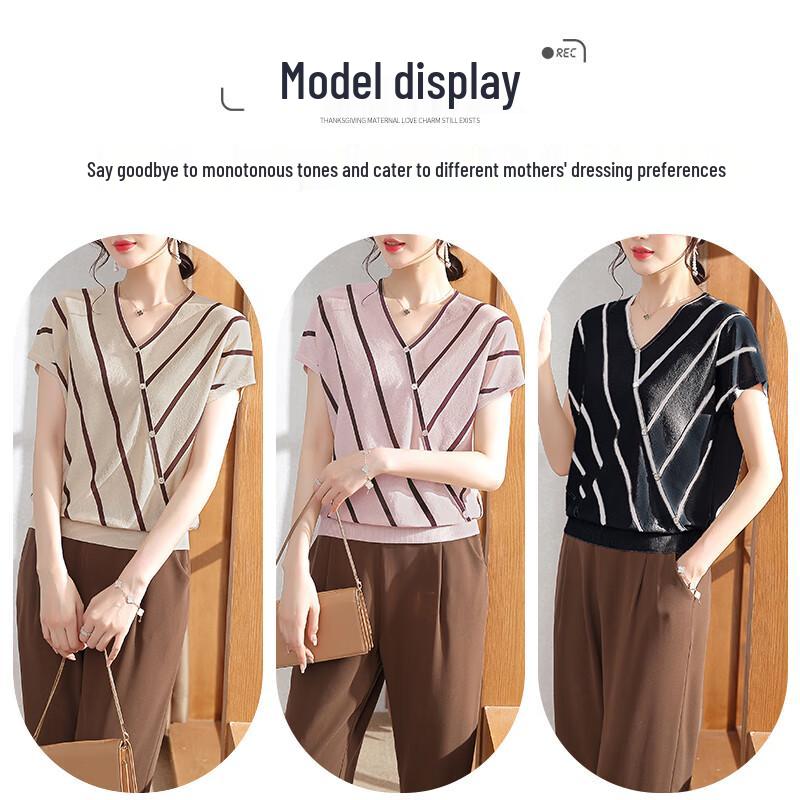 XUEXI Mid-Aged Women s Summer Striped Ice Silk Blouse XL