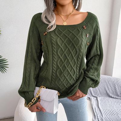 Frauen Herbst Winter Casual Square Neck Button Fried Teig Twist Stricken Pullover Pullover