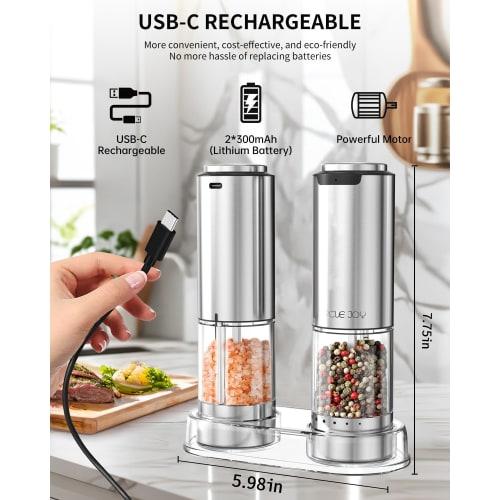 CIRCLE JOY Electric Pepper Mill, Stainless Steel, External Thickness Adjustment, 95ml Container, Storage Base, White LED Light, Set of 2, Silver