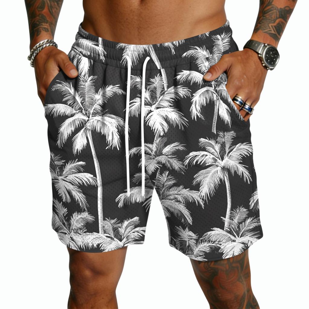 Men’s Casual Drawstring Shorts Lightweight Quick Dry Five Inch Inseam Shorts with Hawaiian Floral Print for Everyday Wear