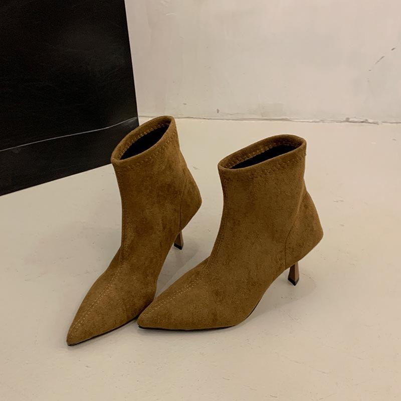 

Французские остроносые полусапожки на тонком каблуке из замши и ботильоны для женского осенне-зимнего сезона 2025 года, новые ретро эластичные универсальные тонкие короткие сапоги 40