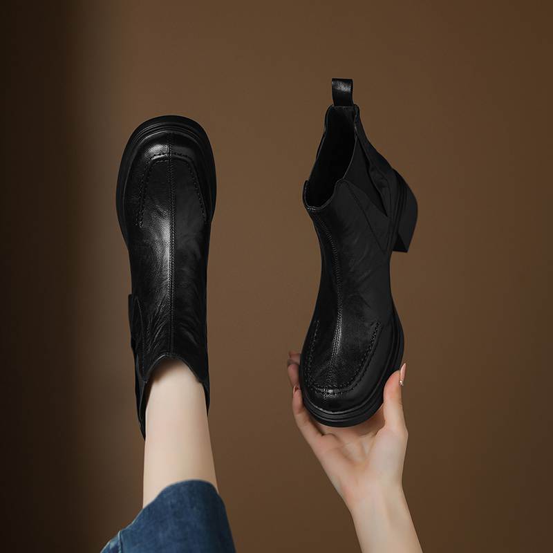 Krazing Pot Sheepskin Round Toe Thick Heels Chelsea Boots Size 42 High Quality Women Keep Warm Ankle Boots